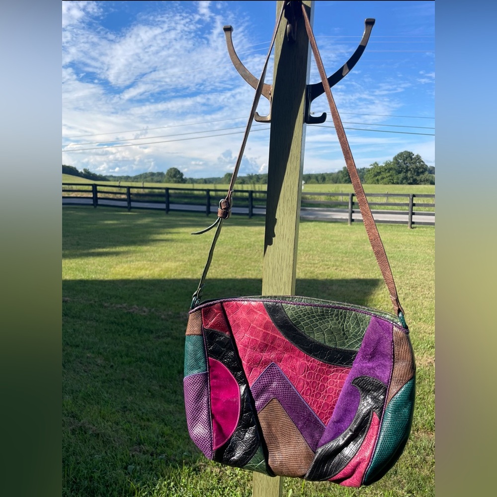 Leather Vintage Sharif Patchwork Purse | Jewel Tones | Crossbody Fantasy - Picture 2 of 16